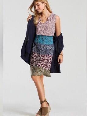 CAbi Sleeveless Tiered Mini Dress in Mauve, Teal, Navy & Olive